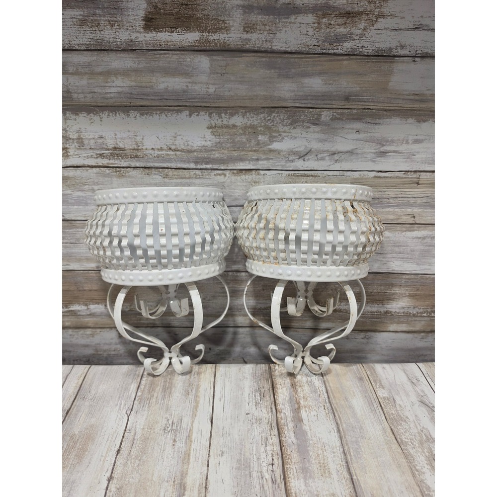Vintage White Metal Wall Planters Set of 2 Rusty Chippy Farmhouse Scroll Decor